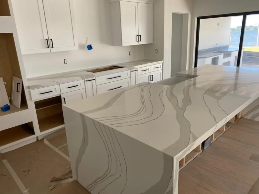 Custom waterfall countertop under construction