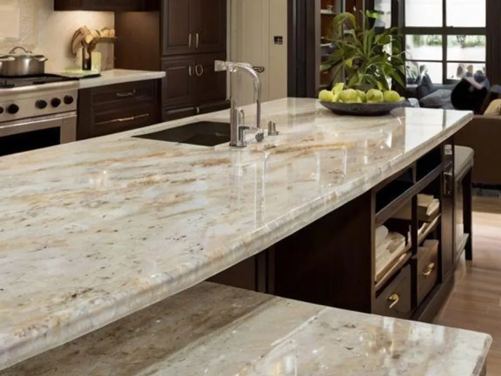 Polished marble countertop in a dark wood kitchen