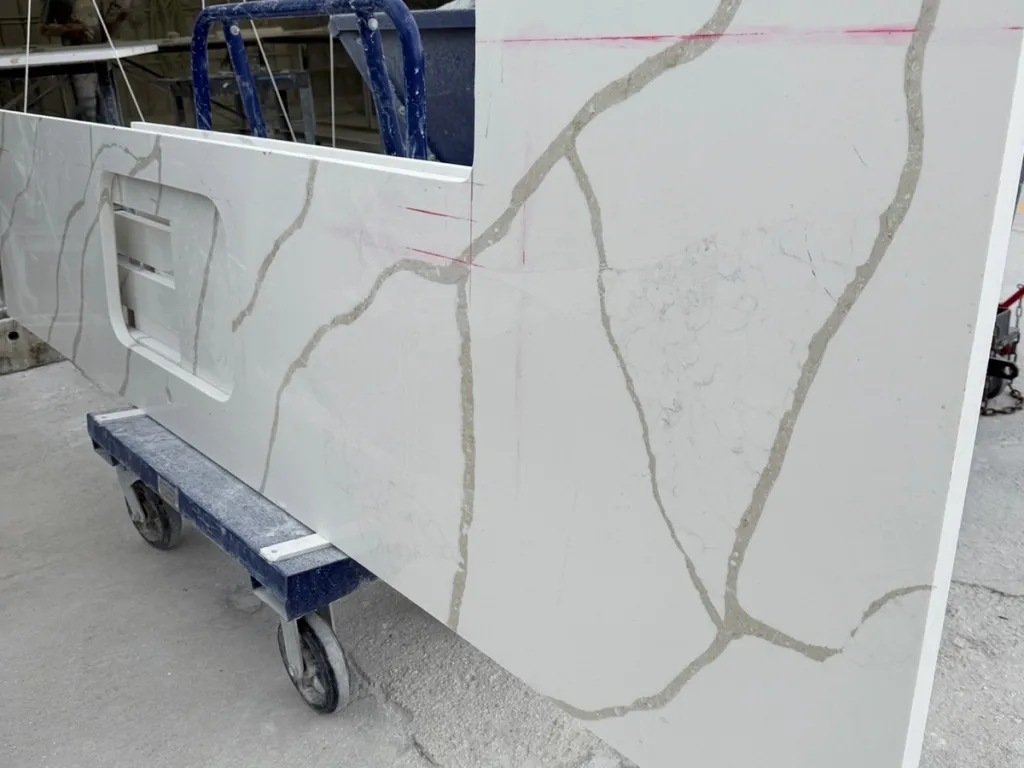 Fabricated waterfall island panels ready for installation